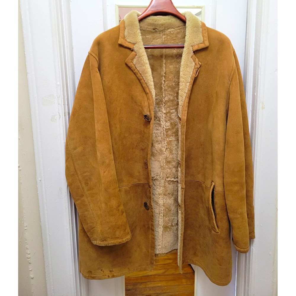Tom James Men's  Leather Shearling Lined Mid-Length Coat Button Pockets 44